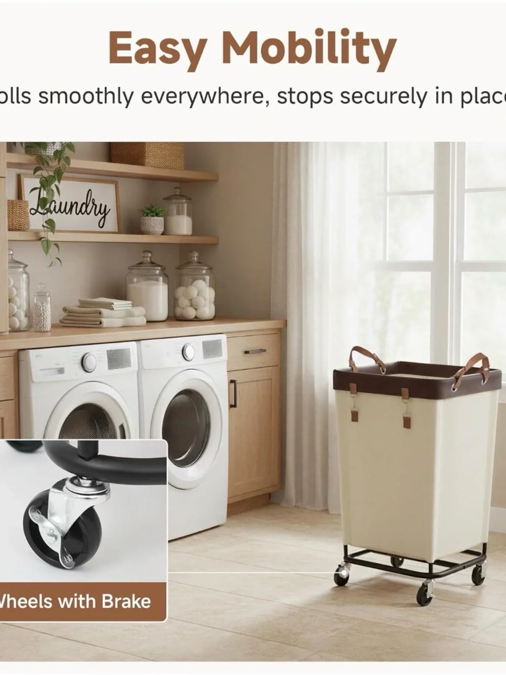 Cream Laundry Hamper with Brown Trim and Rolling Base